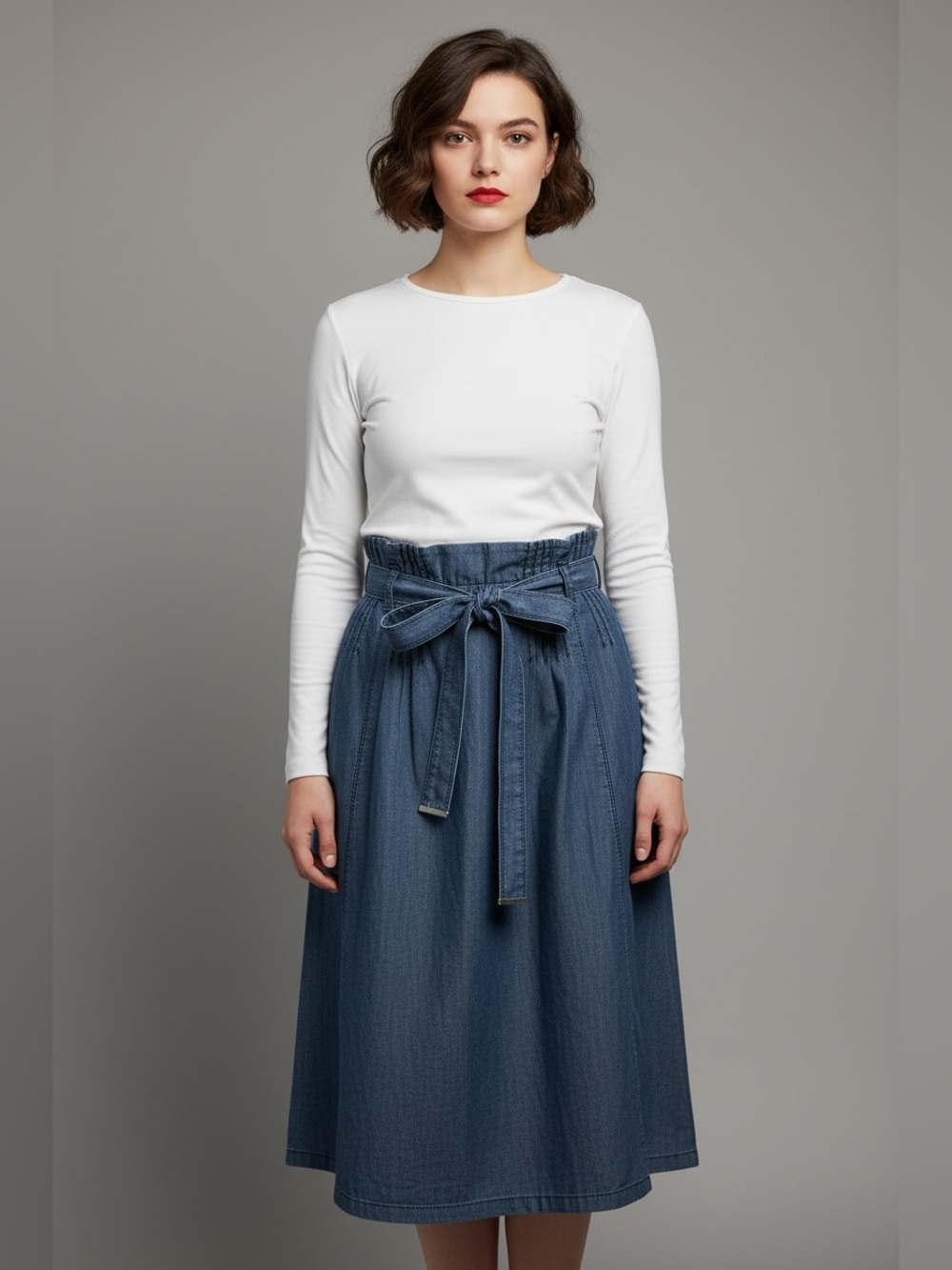 Burberry Blue High-Waist Tie-Belt A-Line Midi Skirt